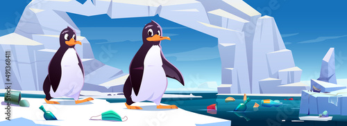 Penguins on ice floe with garbage floating in ocean water and scatter around. Wild animals at polluted nature North Pole. Save Earth ecological concept, sea pollution, Cartoon vector illustration