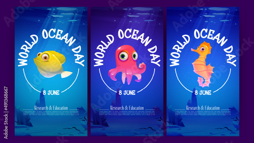 World ocean day cartoon posters with cute underwater animals octopus, fish and sea horse in blue water. Invitation cards template for ecological holiday or event celebration, Cartoon vector flyers set