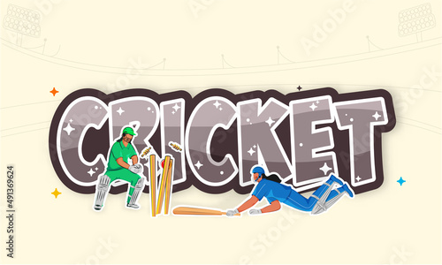 Sticker Style Cricket Font With Concept Of Run Out Female Batter Player And Wicket Keeper Hit Ball To Stumps On Beige Background.