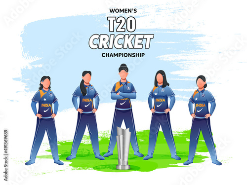 T20 Women's Cricket Championship Concept With India Female Cricketer Team And 3D Silver Winning Trophy Cup And Brush Effect On White Background.