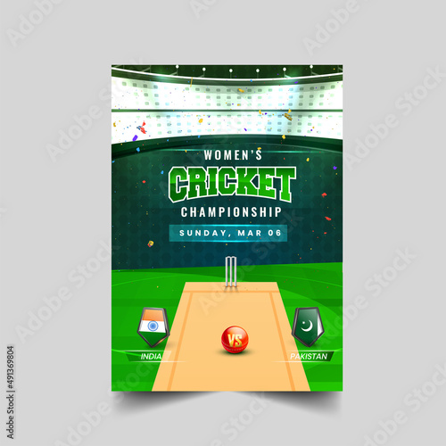 Women's Cricket Championship Flyer Design With Participating Team India VS Pakistan And Flag Shields On Stadium View Background.