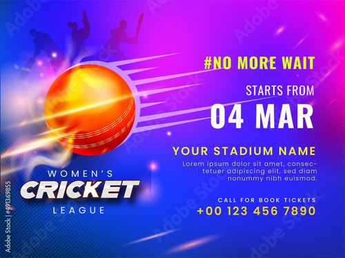 Women's Cricket League Based Poster Design With Shiny Red Ball, Silhouette Players On Blue And Pink Lighting Background.