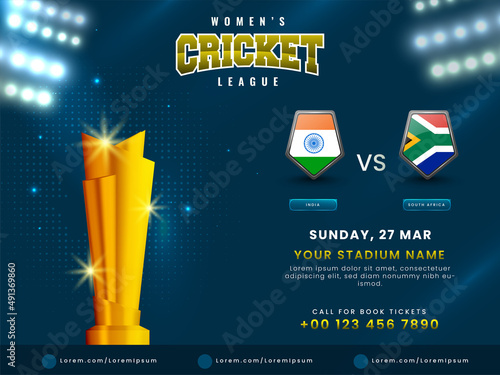 Women's Cricket Match Between India VS Pakistan With Shiny Golden Winning Trophy Cup On Blue Stadium Lights Background And Venue Details.
