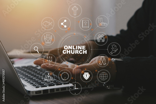 Online church concept.Home church during quarantine coronavirus Covid-19.Worship from home with smart phone.Bible online.Technology for Religion.