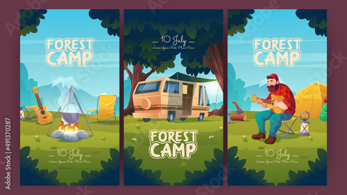 Forest camp cartoon invitation posters. Man tourist playing guitar on mountain landscape background with tent, campfire and Rv caravan. Summer camping, leisure, vacation hiking trip, Vector ads flyers