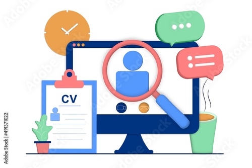 Recruitment agency landing page template. Online job interview, hiring employment process, choosing candidate, searching job concept. CV, resume and vacant. 3D vector illustration for web banner.