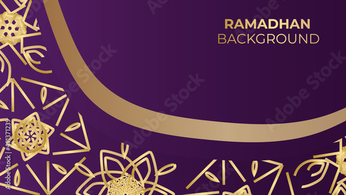 Ornamental Arabic purple gold pattern Islamic design background. Ramadan Kareem banner background