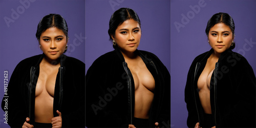 Fotografi Asian 20s Woman chubby wear black fur jacket and unzip to show sexy breast over