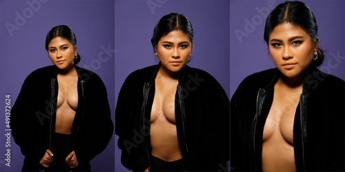 Fotografi Asian 20s Woman chubby wear black fur jacket and unzip to show sexy breast over