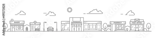 City skyline in line art style. Landscape with row houses of bakery, bus stop, super market, pharmacy and post office. Street horizontal panorama. Vector illustration