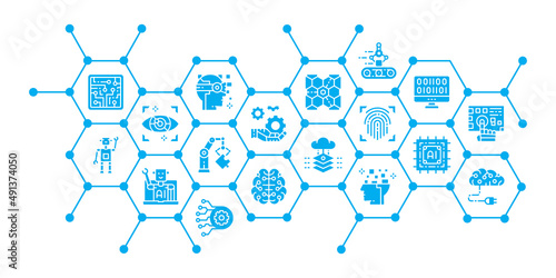 Artificial Intelligence icon banner concept. Robotics, Chatbot, Database, Big Data vector illustration for business web page banner, web presentation