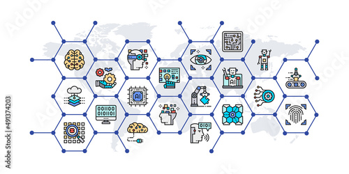 Artificial Intelligence presentation banner with colored icons. Robotics, Chatbot, Database, Big Data infographics for web business concept.