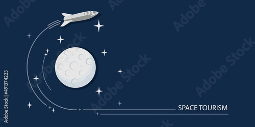 Space travel, tourism. Vector star ship in orbit around the moon. Poster. Design concept for travel 