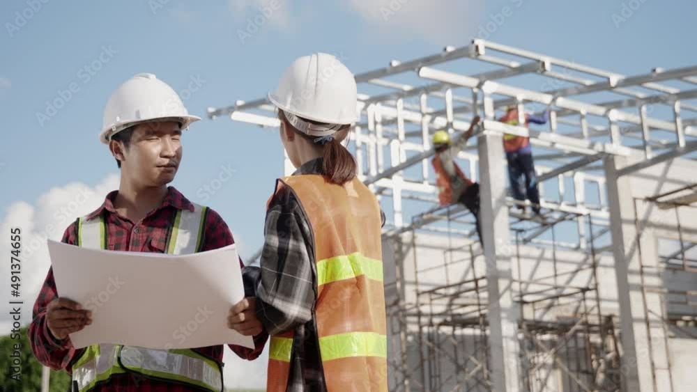 Two architect and client discussing help create plan with blueprint home building at construction site Two architect and client discussing help create plan with blueprint home building at construction site