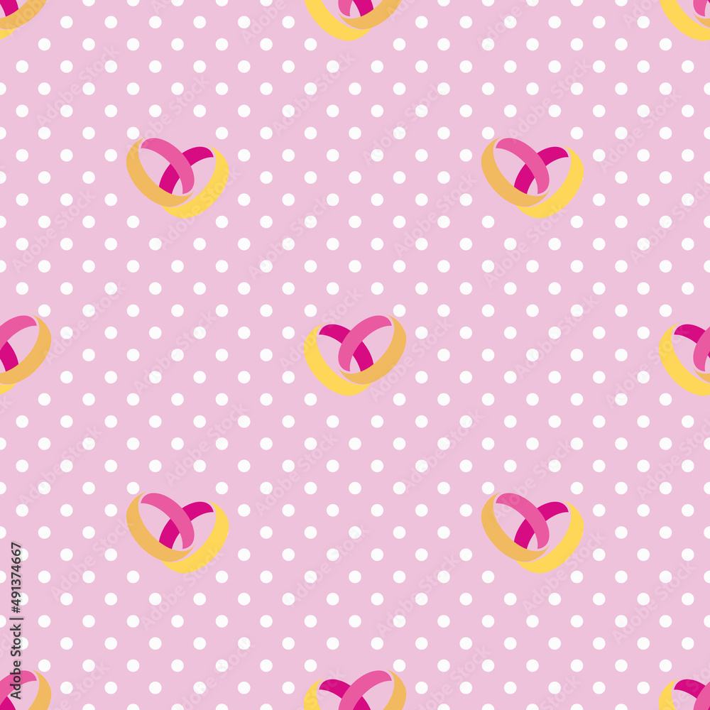 Seamless vector pattern two gold rings on a pink polka dot background.