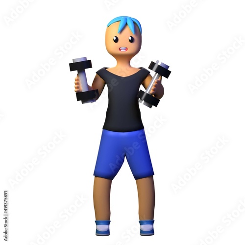 boy workout with black shirt holding two dumbell illustration 3d rendering