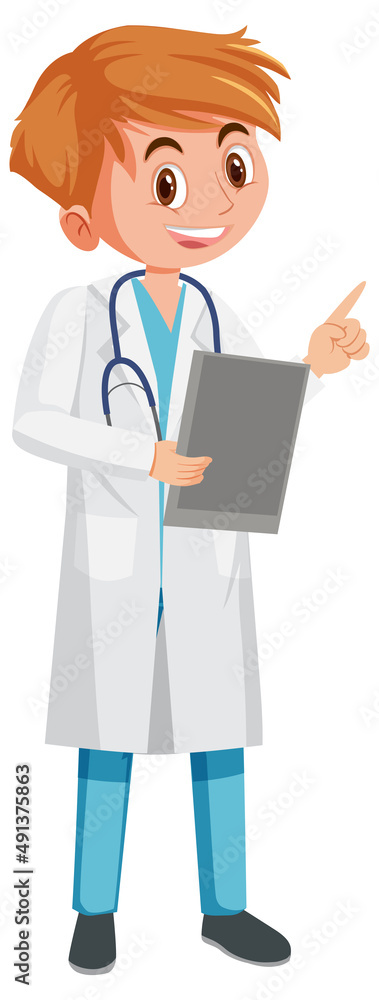A male doctor cartoon character on white background A male doctor cartoon character on white background