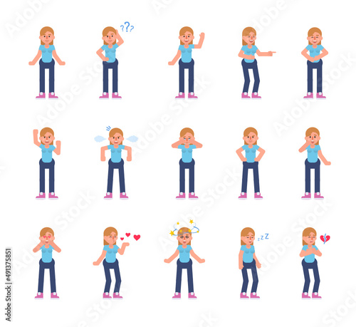 Set of young woman characters showing various emotions. Woman laughing, sleeping, crying, angry, tired, in love and showing other expressions. Modern vector illustration