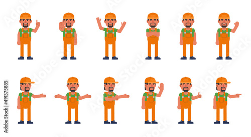 Set of auto mechanic, worker or courier characters showing various hand gestures. Modern vector illustration