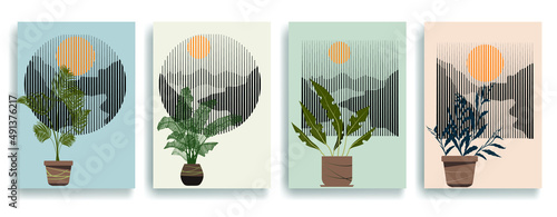 Modern wallpaper with minimalist design elements . Botanical art. Backgrounds in Boho style  . Wall art , home deco . Contemporary posters with leaves and geometric shapes .Vector abstract wallpaper.