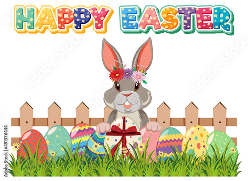 Happy Easter design with rabbit and eggs in garden