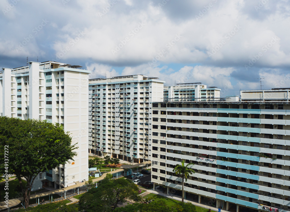 Perspective view of HDB residential flats in Singapore.