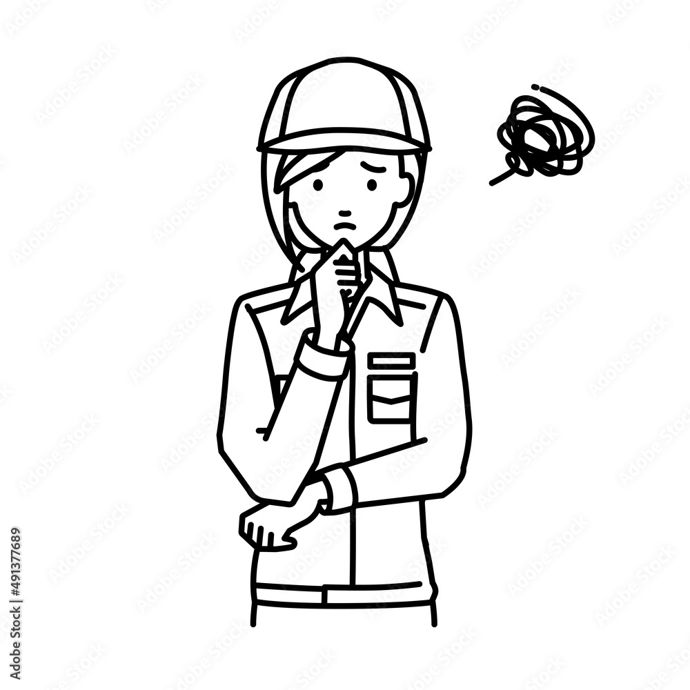立って手をあごにあてて困っている作業員の女性