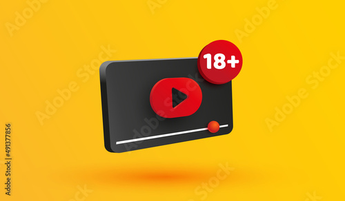 18 plus years old sign. Adults content icon. 18 + age restriction with play video button 3d vector icon. Media player sign or subscribe symbol