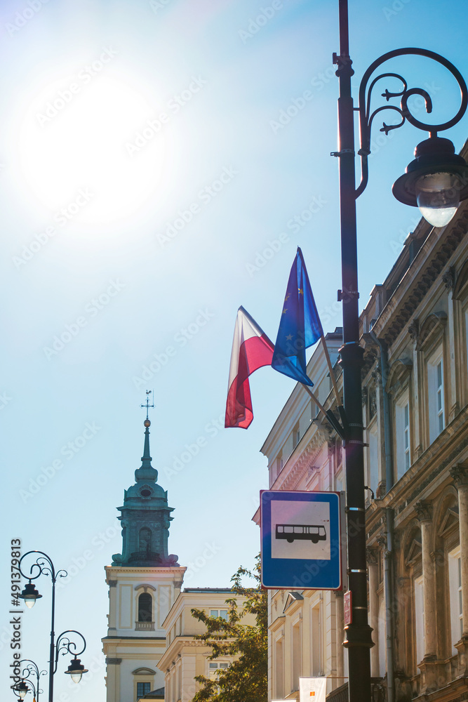 Warsaw, Poland - February 2, 2020: Polish flag in Warsaw, Poland