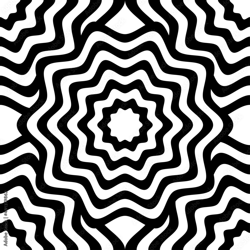 Seamless pattern of optical black and white in form of a graphic flower. Seamless pattern of optical black and white in form of a graphic flower.