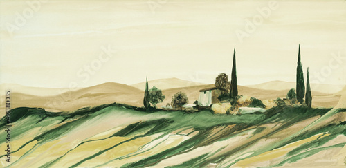 Acrylic canvas painting of a green colored colorful Tuscan landscape with trees and cypresses at the horizon, with flowing paint, splashes of paint and drops