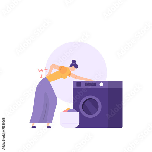 illustration of a housewife who has back pain when she wants to wash clothes in a washing machine. maid, wife, mother, laundry staff or employees. health problems. flat cartoon style. vector design