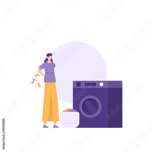illustration of a housewife who has back pain when she wants to wash clothes in a washing machine. maid, wife, mother, laundry staff or employees. health problems. flat cartoon style. vector design
