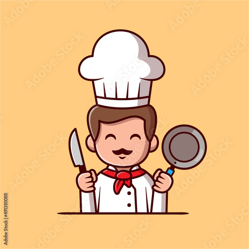 Cute Chef Holding Frying Pan And Knife Cartoon Vector Icon llustration. People Profession Icon Concept Isolated Premium Vector. Flat Cartoon Style