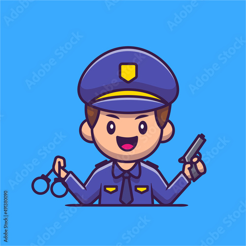 Police With Handcuff And Gun Cartoon Vector Icon Illustration. People Profession Icon Concept Isolated Premium Vector. Flat Cartoon Style