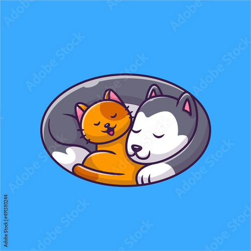 Cute Cat And Dog Sleeping Logo Cartoon Vector Icon Illustration. Animal Love Icon Concept Isolated Premium Vector. Flat Cartoon Style
