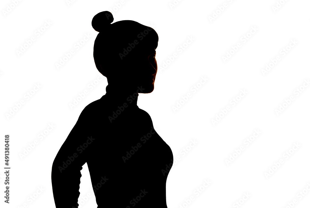 Dark silhouette of young girl on white background, concept of anonymity.