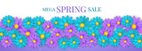 Spring sale banner or newsletter header. Blue and purple realistic daisy or gerbera flowers. Floral promo design. Vector illustration.