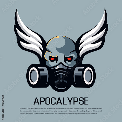 Skull wears a gas mask and wings on both sides, mascot logo concept style for badge, emblem and t shirt printing