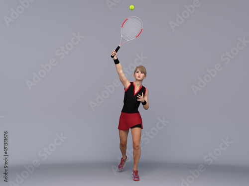 3D Render : Full body portrait of female tennis player is performing and acting in training session  © Tritons