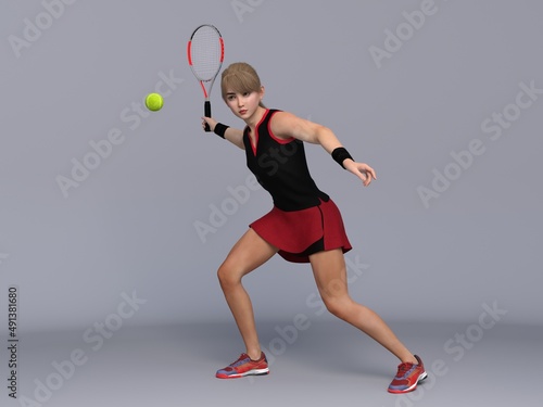 3D Render : Full body portrait of female tennis player is performing and acting in training session 