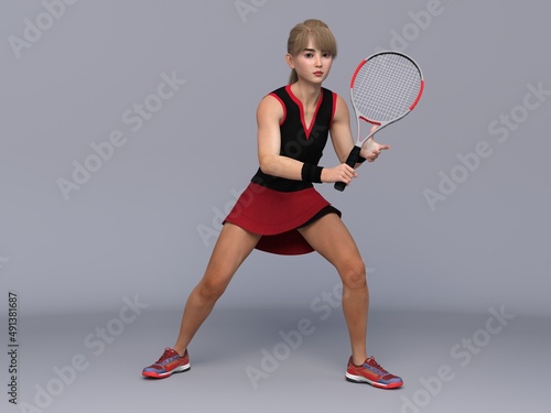 3D Render : Full body portrait of female tennis player is performing and acting in training session 