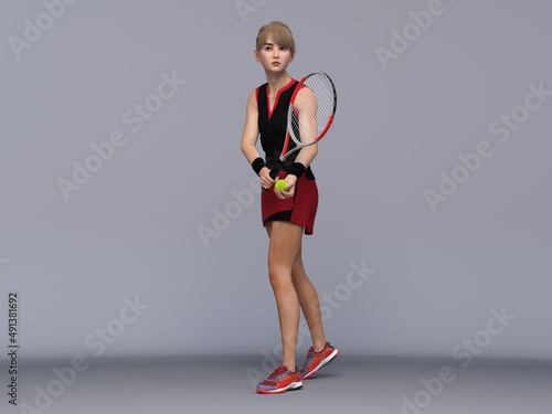 3D Render : Full body portrait of female tennis player is performing and acting in training session 