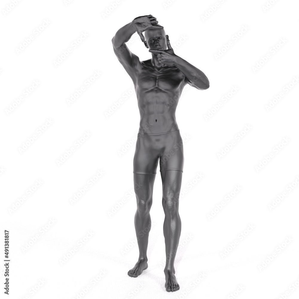 3D Render : Portrait of iron metal texture male character acting, posing his body with common daily gesture 3D Render : Portrait of iron metal texture male character acting, posing his body with common daily gesture