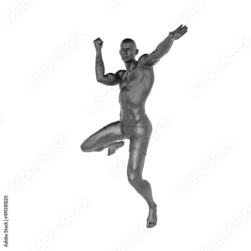 3D Render : Portrait of iron metal texture male character acting, posing his body with common daily gesture