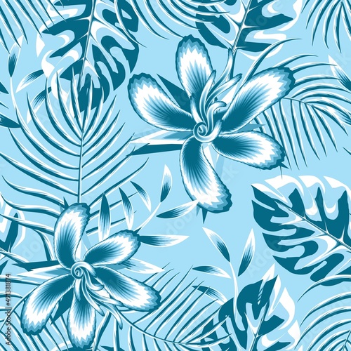 blue monochromatic Exotic jungle plants illustration seamless pattern with abstract hibiscus flowers and monstera palm leaves on sky blue background. Floral background. Summer design. prints texture