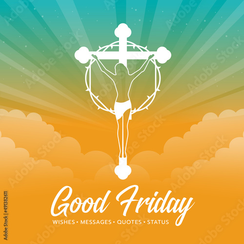 Good friday - white Jesus Christ Crucified On The Cross sign on orange green sunset for good friday sky background vector illustration design
