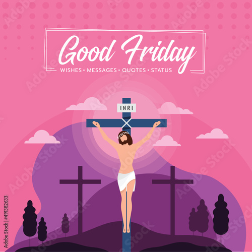 Good friday - Jesus Christ Crucified On The Cross on mountain and purple pink sunset for good friday vector illustration design