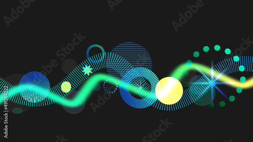 Neon glowing Stripe Light with Circle and Star blinking, in black background