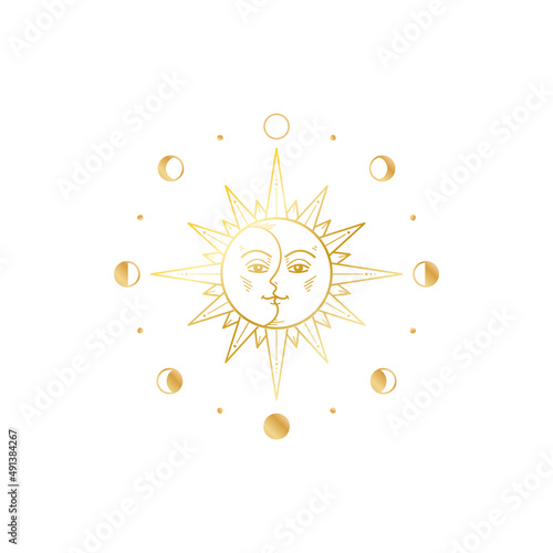 Gold sun and Moon phases. Sunny design for tarot, astrology, esoteric. Golden icon vector illustration.